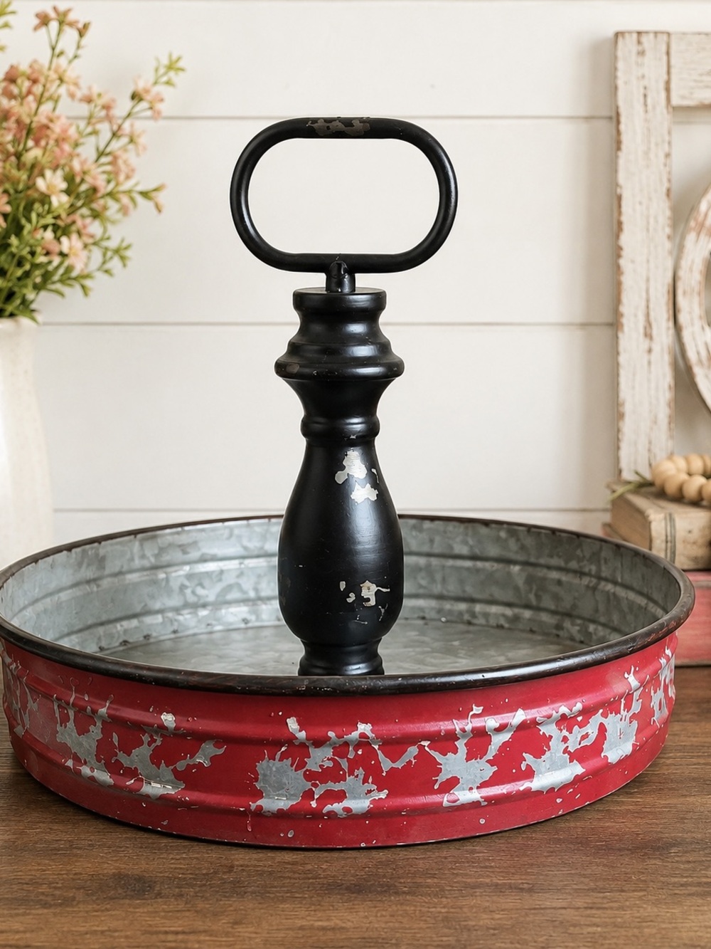 Distressed Red Metal Lazy Susan with Black Central Handle